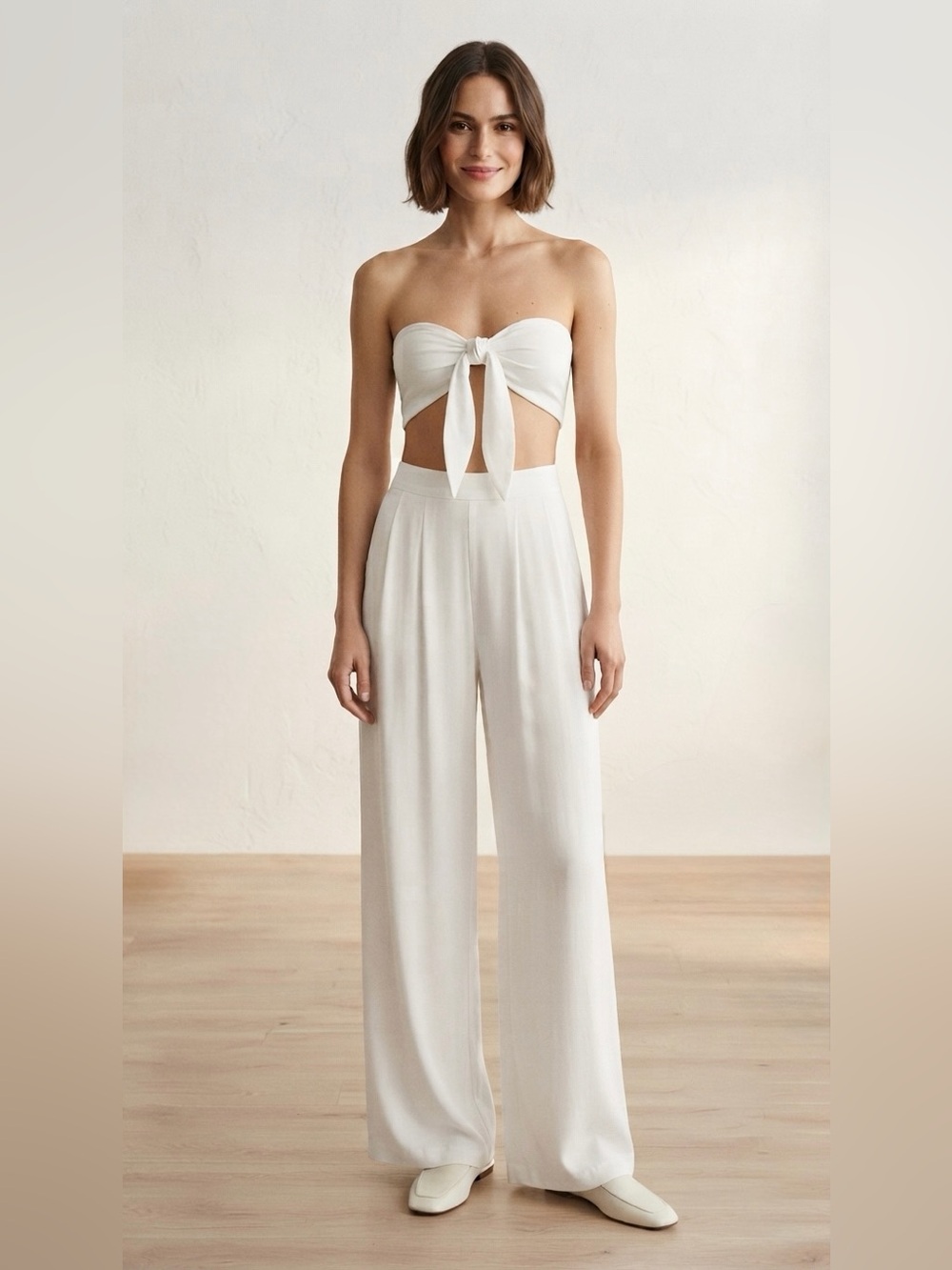 Women’s White Tory Two Piece with Self-Double Layer Wide Leg Pants Large